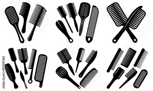 Collection of black and white hairbrush and comb silhouettes on white background hairbrushes combs