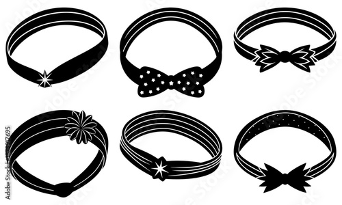 Six Black Hair Accessories with Decorative on White Background black headbands bows