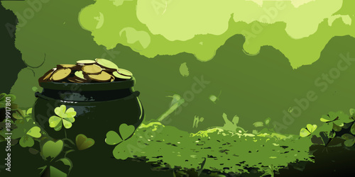 A pot of gold coins nestled amongst lush green clover and foliage