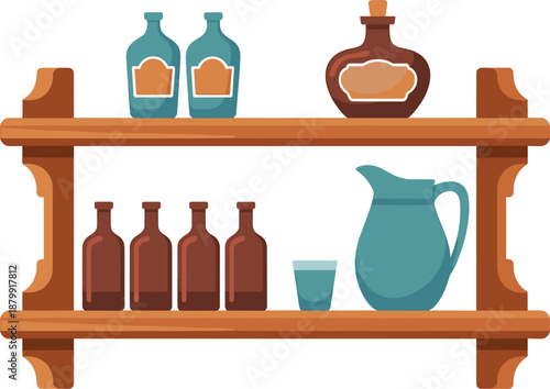 Rustic wooden bar shelf vector illustration featuring vintage alcohol bottles a pitcher and glass cup