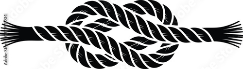 A strong black square knot with spiky frayed rope ends showcased clearly on a bright white surface