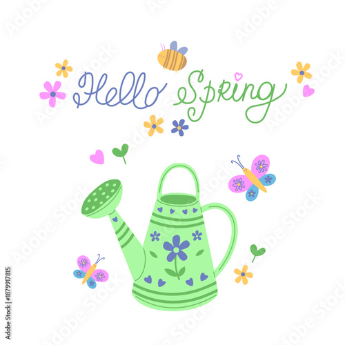Hello Spring Illustration, Spring Gardening Vector Art, Cute Green Watering Can, Flowers, Bees, Butterflies and Hello Spring Text