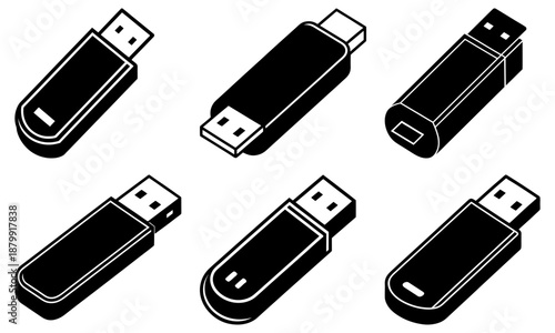 Five Black U S B Flash Drives in Different Angles on White Background USB flash drive digital storage