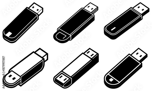 Six Black and White U S B Flash Drives in Different Angles on White Background USB flash drive