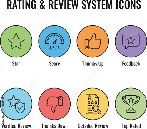 Rating and review system line icons including star, score, thumbs, feedback, verified review