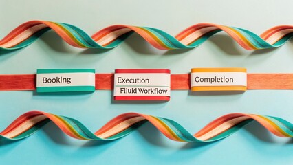 Colorful ribbons illustrate a three-stage workflow: "Booking," "Execution Fluid Workflow," and "Completion." Each label is bordered with distinct colors, and a wavy multicolored ribbon adds motion. 