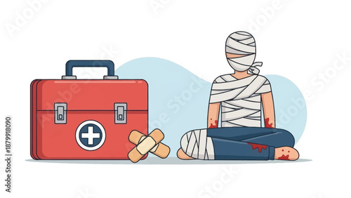 Illustration of a first aid kit next to an injured person covered in bandages, depicting emergency medical care.