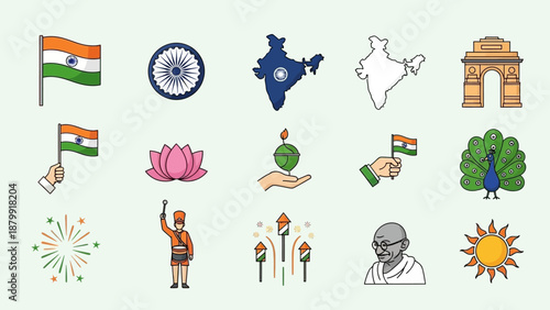 A vibrant collection of Indian national symbols and cultural icons, including the flag, map, India Gate, lotus, peacock, and Mahatma Gandhi.