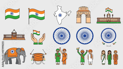 A collection of colorful vector icons representing India's national symbols, landmarks, culture, and people, perfect for celebrating independence day or national events.