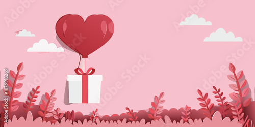 A red heart balloon floats above a gift and whimsical paper landscape