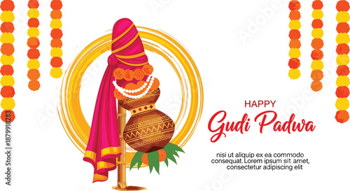 Festive horizontal banner for Happy Gudi Padwa featuring a decorated earthen pot, pink cloth, and vertical marigold garlands.