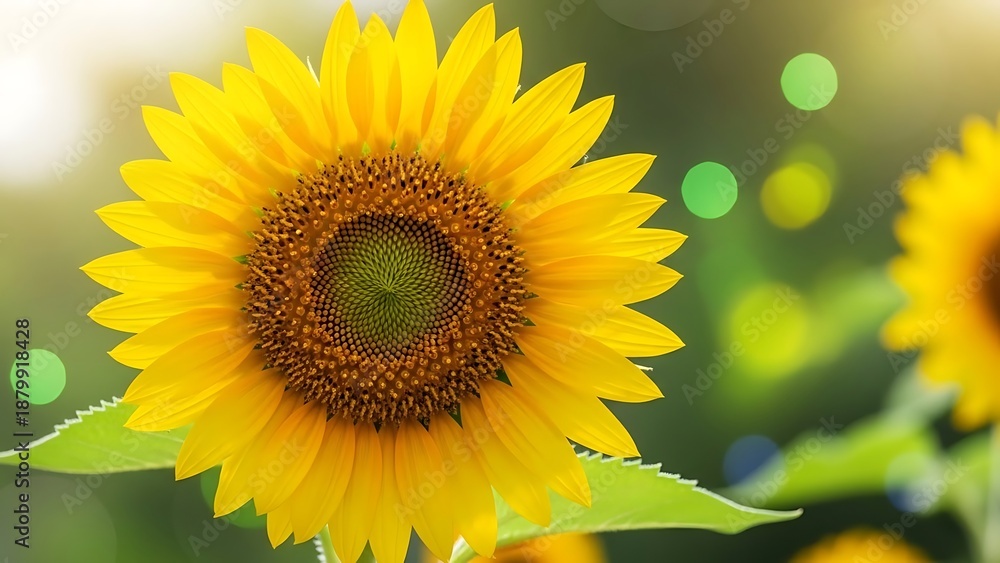 Obraz premium Bright Yellow Sunflower with Green Leaves in Sunlit Garden Scene
