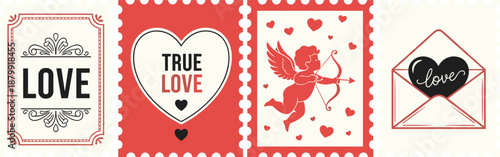 Vintage love postage stamp collection vector illustration with hearts, cupid, envelopes, and romantic typography, Valentine’s Day themed postal designs for greeting cards, invitations, and decorations