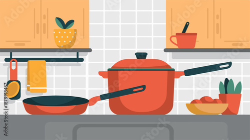 Kitchenware and cooking utensils illustrated in a flat, modern style, perfect for culinary or home organization themes