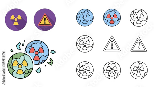A collection of icons depicting radiation symbols, warning signs, and Earth with nuclear threats, in various styles.
