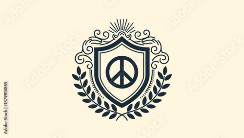 A vintage heraldic crest featuring a peace symbol within a shield, surrounded by ornate scrollwork and a laurel wreath on a light background.
