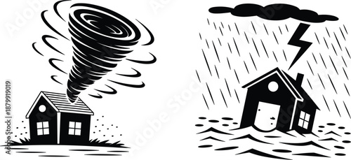 Black and white vector icons of natural disasters featuring a powerful tornado and house flooding