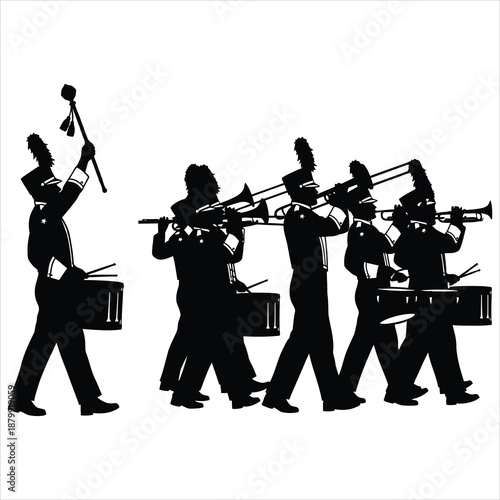 Silhouette of a marching band performing in unison
