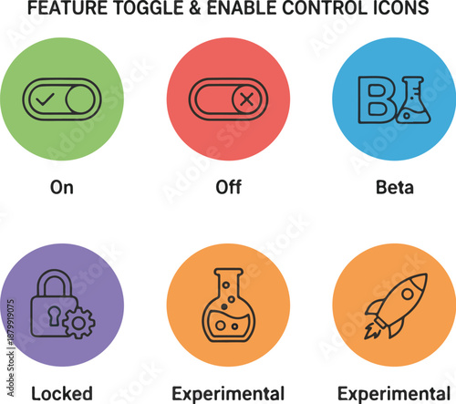 Feature toggle and enable control line icons including on, off, beta, locked, experimental.