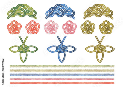 おめでたい水引の松竹梅　松結び・竹結び・梅結び　手描き水彩風ベクターイラスト