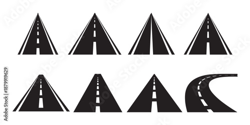 Highway Road Icons Set, Perspective View, Straight and Curved Paths.