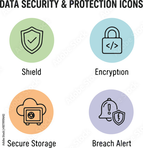 Data security and protection line icons including shield, encryption, secure storage, breach alert