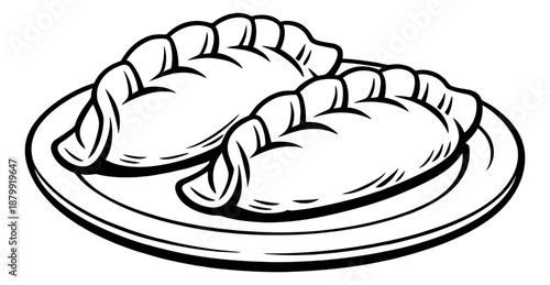 Line art empanada set featuring two savory pastries on a plate for a restaurant menu