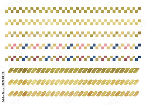 市松と縄の和風なボーダー装飾　水彩タッチのベクターイラストセット