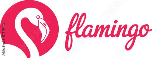 A vibrant pink circular logo features a white flamingo bird profile with its elegant neck and head