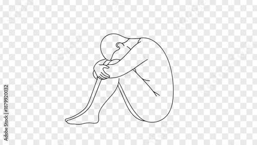 A person sits alone with head down in sadness and despair on a transparent background.