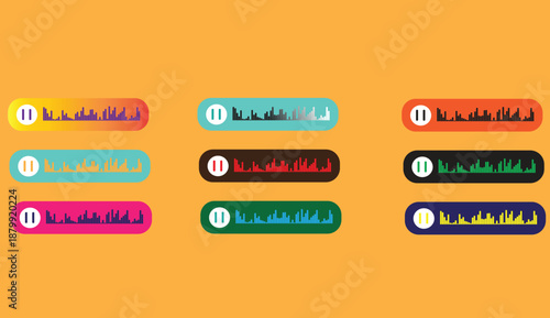 Set of colorful audio waveform player buttons with pause icon, sound wave visualization, and gradient backgrounds