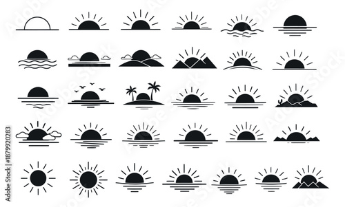 Minimalist graphic sunrise sunset icons set featuring the sun rising and setting over sea, mountains, and desert for weather and travel designs
