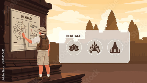 Cartoon Tourist Examining Heritage Map Display.