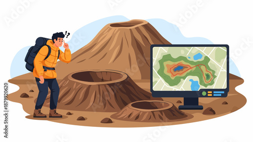 Hiker using compass near volcanic craters.