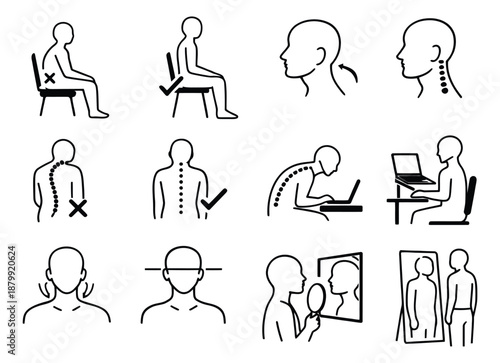 Line art posture set featuring correct and incorrect body alignment for ergonomic health