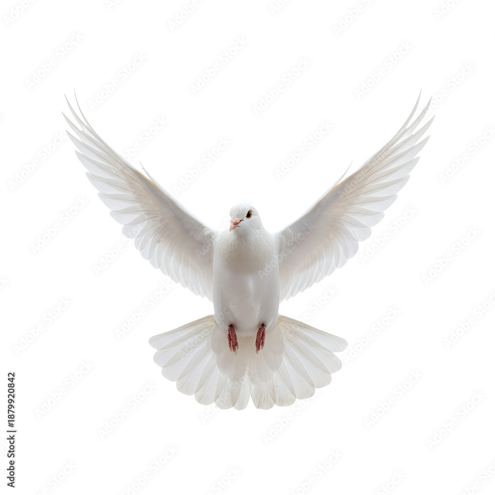 Fototapeta premium A white dove flying with its wings spread wide against a black background
