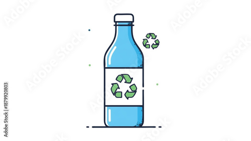 Illustration of a recyclable plastic bottle with recycling symbols on the label and surrounding environment.