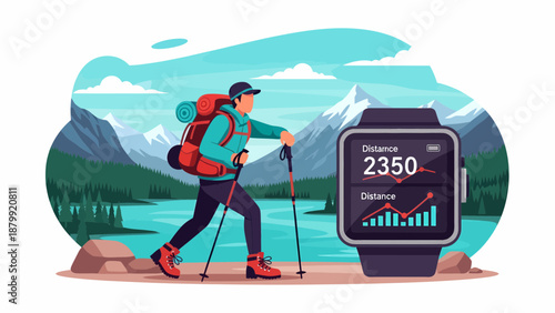 Hiker with Smartwatch and Trekking Poles.