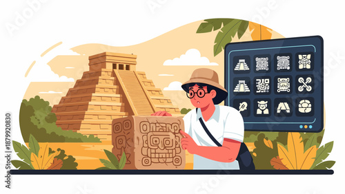 Illustration of Tourist Examining Ancient Mayan Ruins.