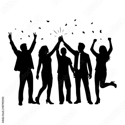 Teamwork and success: silhouettes celebrating with confetti Vector