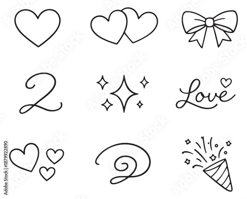 Hand drawn line art love and celebration set featuring hearts, bow, sparkles, and party popper for events