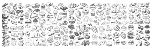 Bakery Menu Design Elements, Croissants, Cupcakes and Donuts Sketches