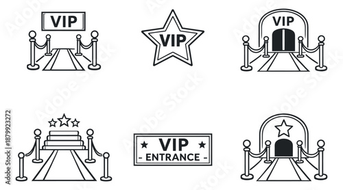 Line art VIP icons set featuring red carpets, stars, and entrance signs for exclusive events