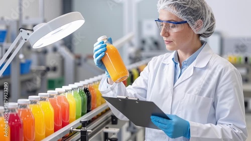 laboratory technician inspecting bottled fruit juice on a production line, ensuring quality control, food safety, and industrial beverage manufacturing standards
