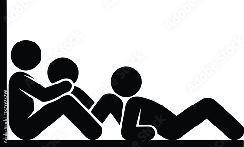 Black stick figures illustrating three people in relaxed sitting and lying poses within a corner