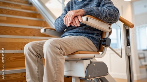 senior man riding a stair lift chair to go upstairs inside his home, illustrating mobility assistance, independence, and accessible living solutions