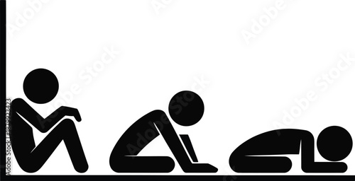 Black stick figures illustrating three human postures sitting, kneeling, and lying prostrate in a corner