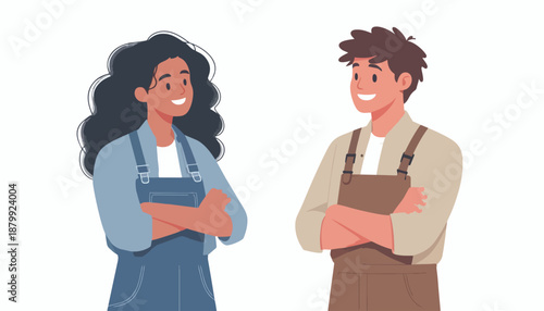 Smiling Young Man and Woman in Overalls Standing Confidently