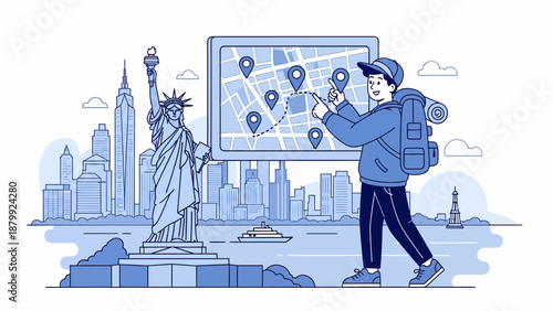 Tourist with Backpack and Map in New York.