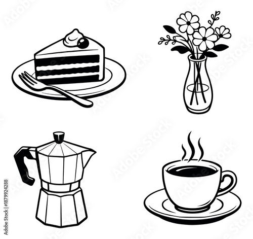 Hand drawn line art cafe elements set featuring a slice of cake, a moka pot, a steaming coffee cup, and a vase of flowers for daily life or relaxation